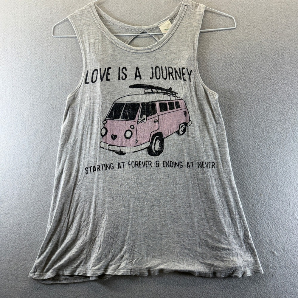 Hummingbird Love Is A Journey Camper Van Tank Top Gray Small Twisted Open Back